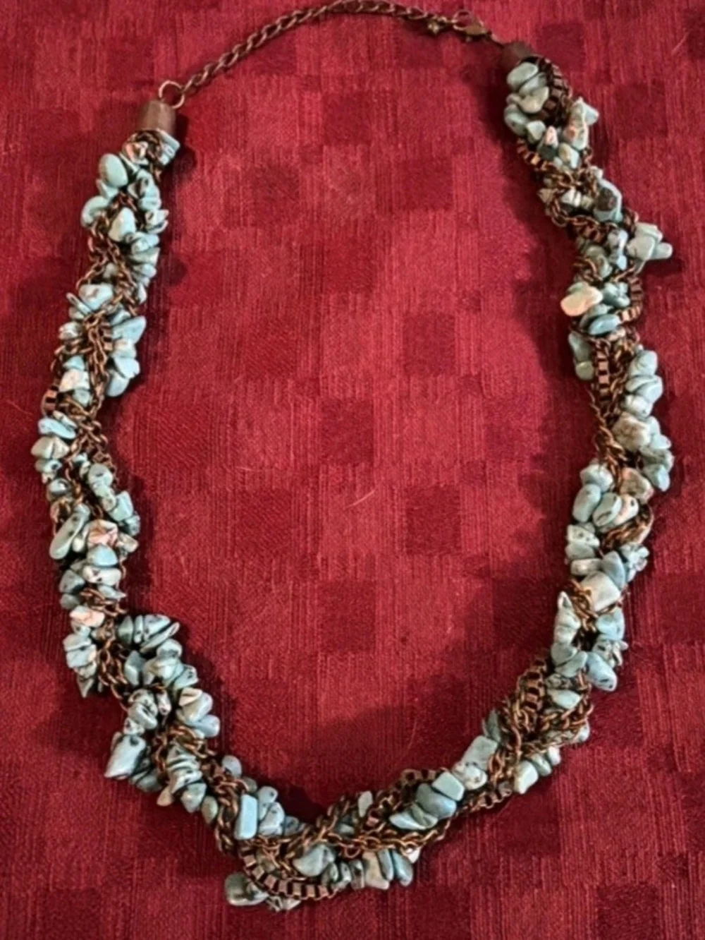 Braided Turquoise Chip Necklace with Antique Bronze Chain